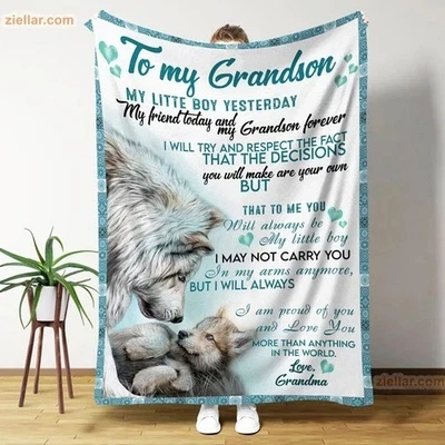 To My Grandson Fleece Blanket Gift, Wolf Design Inspirational Message Blanket - Image 1 of 4