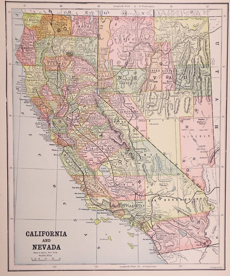 Mapa 1896 ~ CALIFORNIA, NEVADA ~ Mapa Atlas Auténtico (11x13)-#090 Foto 1 de 1
