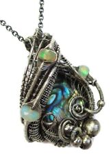 Abalone Pua Shell Wire-Wrapped Pendant in Sterling Silver with Ethiopian Opals