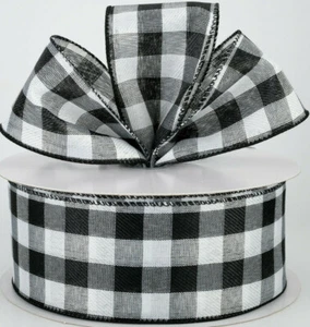 50 yds 2.5" wired ribbon Buffalo check plaid black white farmhouse Light Weight - Picture 1 of 5