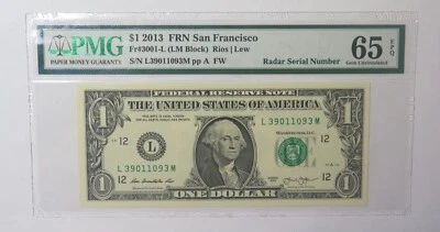 2013 $1 One Dollar San Francisco FRN 3001-L RADAR SERIAL # 39011093 PMG 65 EPQ - Image 1 of 4