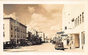 Fairbanks AK Street View Store Fronts Old Cars RPPC Postcard - Picture 1 of 2