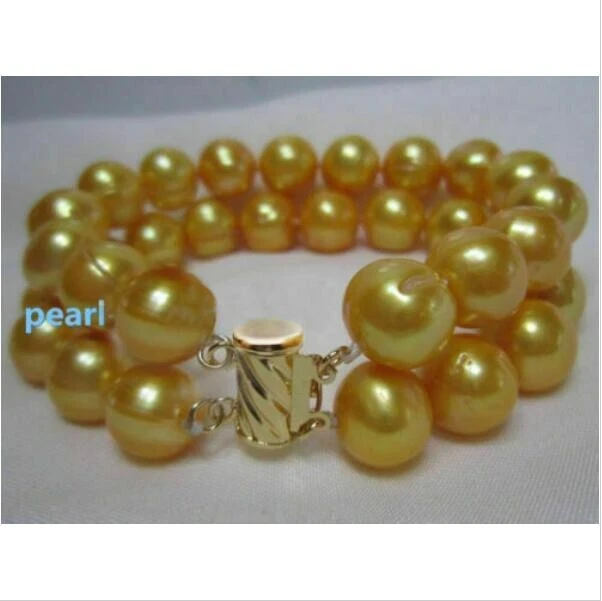 2 ROW 7.5-8" AAA 11-12MM SOUTH SEA golden baroque PEARL BRACELET 14K GOLD - Изображение 1 из 2