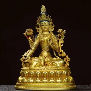 8.3" Old Tibet Tibetan Buddhism temple Bronze gilt White Tara Bodhisattva statue - Picture 1 of 9