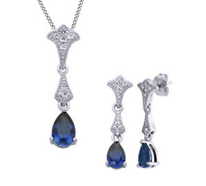 Simulated Blue Sapphire & White Topaz CZ Necklace & Earring Set Sterling Silver