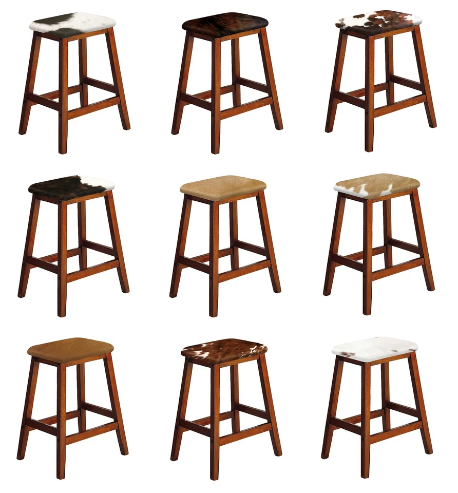 Taburete de Bar Auténtico Cuero de Vaca Sillín Asiento Estilo Roble Oscuro Acabado Madera Foto 1 de 1