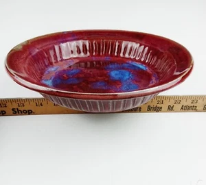 Handmade Studio Art Pottery Dish Bowl Maroon & Blue Glazed Artist Signed 10" - Picture 1 of 7