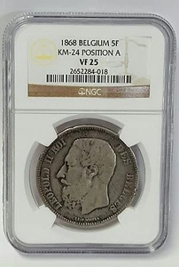 1868 BELGIUM 5 FRANCS SILVER CROWN POSITION A VF 25 NGC LEOPOLD II - Picture 1 of 2