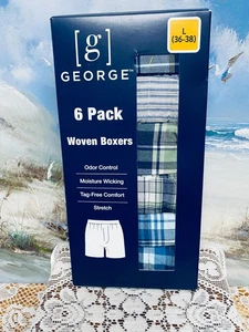 George Men's Woven Boxers 6-Pack Tag-Free Moisture Wicking Stretch LARGE 36-38 - Picture 1 of 3