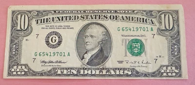 Billete de diez dólares 1995 G65419701A desalineado nítido desplegado Chicago BUENO Foto 1 de 4