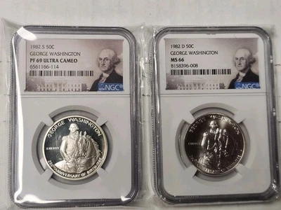 1982-S PF69 + MS66 George Washington Commemorative Half Dollar NGC Special Lbl. - Image 1 of 4