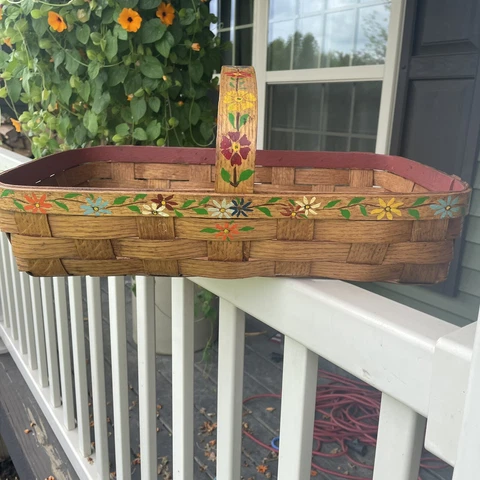 Vintage 19x13 Wood Picnic Market Gathering Basket Hand Painted Boho Flower Cover
