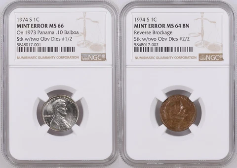 UNIQUE 1974-S Lincoln Cent Mated Pair Struck by 2 U.S. Cent Obverse Dies NGC Cover