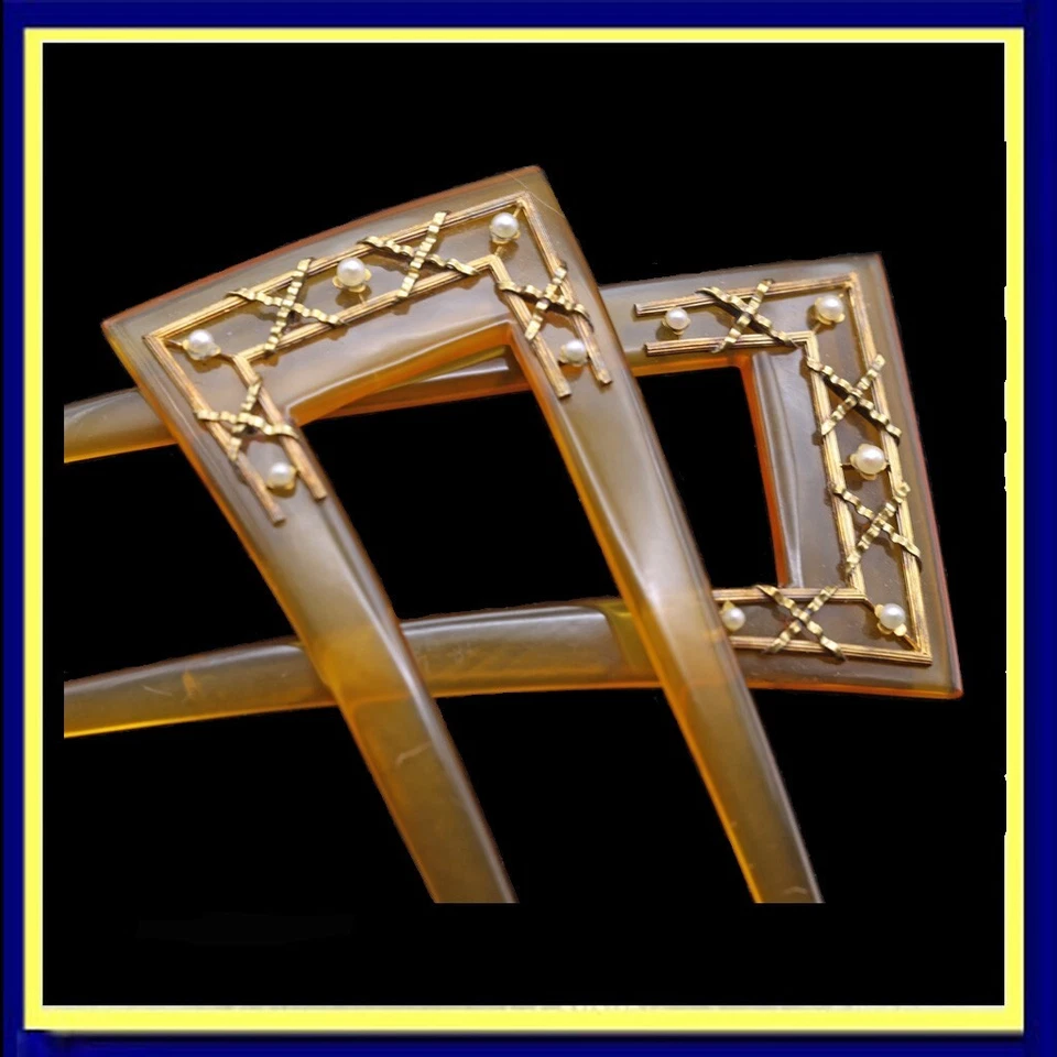 Antiguo peine victoriano francés perlas doradas caja original A Risler & Carre (7478) Foto 1 de 4