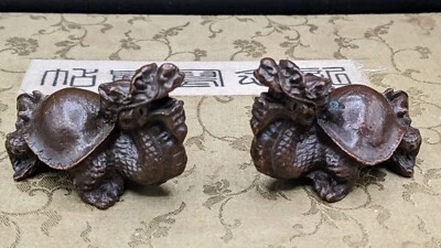 Pair Of Old China Bronze Feng Shui Lucky Dragons Turtle  - Image 1 of 4