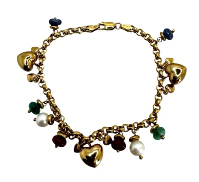 Brazalete colgante de topacio esmeralda rubí perla corazón Rolo oro amarillo 14K 7,25 pulgadas Foto 1 de 4