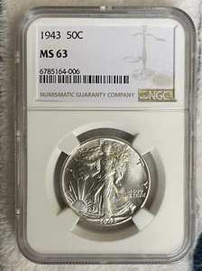 1943  Silver 50C Walking Silver Half NGC MS 63 Half Dollar BLAST WHITE - Picture 1 of 2