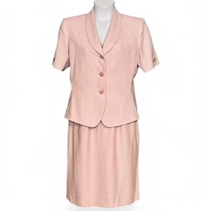 Vintage 80s Kasper Pink Midi Skirt Suit Short Sleeve Blazer Spring Easter Sz 12 - Picture 1 of 11