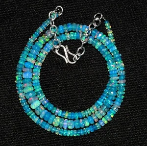 925 Silver 16"Natural Ethiopian Blue Faceted Opal Gemstone Beads Necklace F0128 - Picture 1 of 5