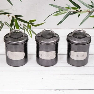 Grey Silver Tea Coffee Sugar Set Hammered Metal Steel Canisters Jars Tins Decor - Picture 1 of 6