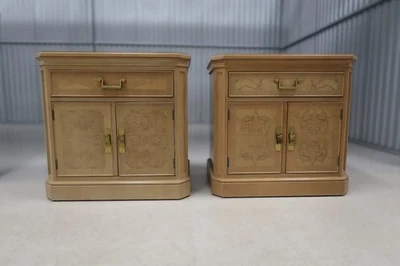 Pair Drexel Heritage Corinthian Ash Burl Wood Nightstands Cabinets - Image 1 of 4