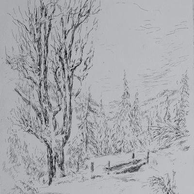 Hans Dietmann Winterlandschaft Berge Wald zeitgenössisch signiert Radierung 1990 - Bild 1 von 4