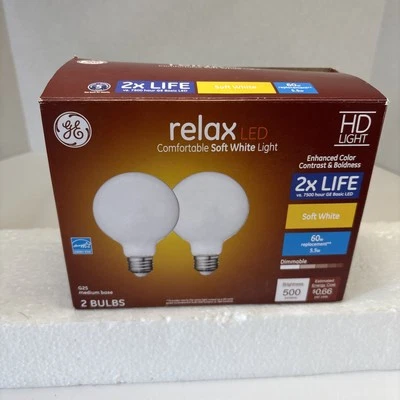 2 Pack GE G25 Relax LED Soft White Light Bulbs 5.5w=60w 500 Lumens Dimmable - Image 1 of 4