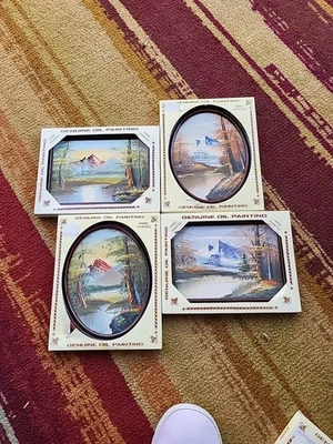 Lote vintage de 4 pinturas a óleo genuínas em tela pintadas à mão emolduradas árvore da natureza - Imagem 1 de 4