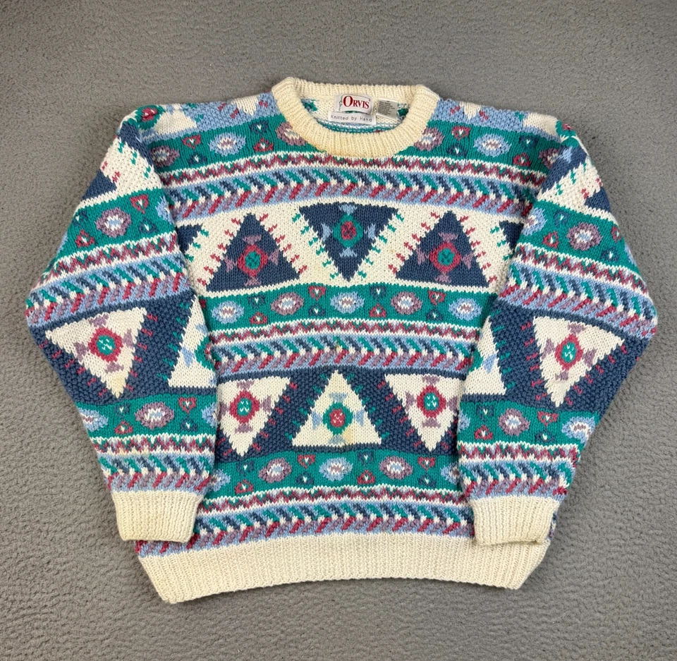 Suéter Orvis Para Hombre Mediano Crema Multicolor Geométrico Azteca Cuello Redondo Tejido a Mano Foto 1 de 4