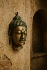 Brass Buddha Wall Mask — Vintage Style Meditation Decor Head (5" Tall) - Picture 1 of 8