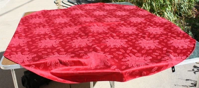 Martha Stewart Christmas Tablecloth Red Damask Poinsettia Holly Round 66" vtg - Image 1 of 4