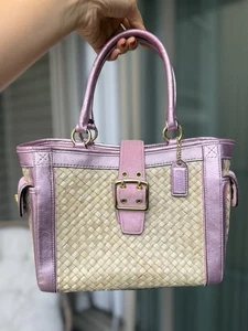 Vintage Coach Tasche Stroh und Rosa Leder geflochten Umhängetasche RAR - Bild 1 von 16
