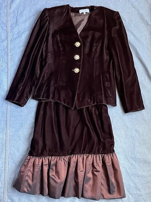 Vintage Burgundy/Brown Velvet 2 Piece Skirt Suit by De Royal Paris - Image 1 of 4