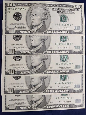 🌟(5) $10 1999 *BF* Star Federal Reserve Notes Sequential Serial #s UNC - Image 1 of 2