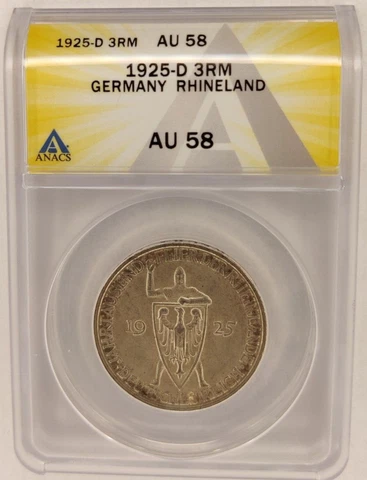 1925D GERMANY Rhineland ANACS AU 58 1000 YR Weimar Republc 3 Mark Silver Coin 1B Cover