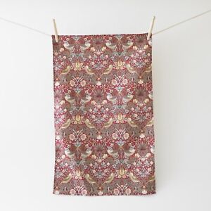 William Morris Red Strawberry Thief 100% Cotton Floral Tea Towel