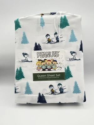 Peanuts Snoopy Holiday Teal Christmas Tree & Skiing Sheet Set - Queen Size 2024 - Image 1 of 2