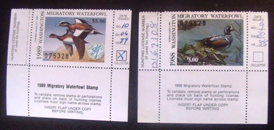 1989 MNH & 1988 Signed Washington Waterfowl Duck Hunting Stamp    Lot#N07 - Image 1 of 1