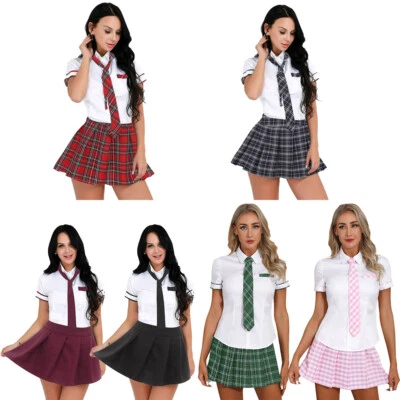 Mujeres Colegiala Manga Corta Camisa Trajes Falda a Cuadros Conjunto de Corbata Uniforme Escolar Foto 1 de 3