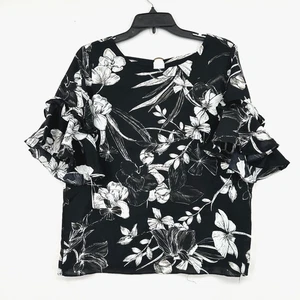 Patrizia Luca Top schwarz-weiß geblümt Damen M Rüschenärmel Goldring Träger - Bild 1 von 9