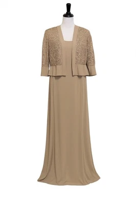 Vestido para mujer R&M Richards 2 piezas de encaje con lentejuelas y chaqueta manga 3/4 beige talla 6 Foto 1 de 4