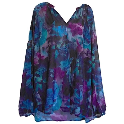 Blusa túnica floral tórrida semi transparente fluida brillante cuello en V usada en excelente estado talla 3 (3X) Foto 1 de 4