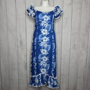 Abito hawaiano vintage KY’S blu bianco floreale con volant maxi made in Hawaii, taglia L - Foto 1 di 7