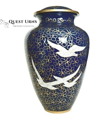 Brass Adult Cremation Urn for Ashes - Blue with White Doves  - Image 1 of 3