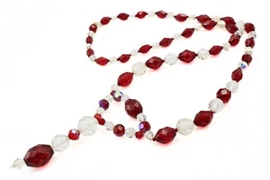 Repurpose 40's Art Deco Faceted Red Glass Bead Lariat Necklace - Picture 1 of 8