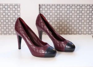 CHANEL Burgundy Quilted Leather CC Round Toe High Heel Pumps (IT38.5, US8.5) - Picture 1 of 9