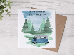 Happy Birthday camper van mountain card, hand designed - Picture 1 of 4