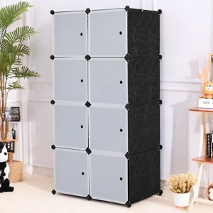 4-Tier Closet Storage Cabinet - 8-Cube, Black, White Door, Hanging Rod & Modular - Picture 1 of 24
