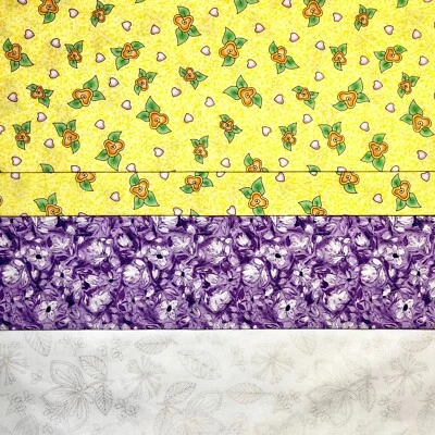 Flowers and Hearts Fabric Fat Quarter 4-PACK Yellow Purple 100% Cotton - Image 1 of 4