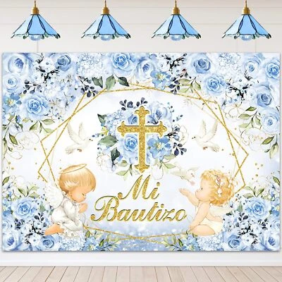 Telón de fondo de bautismo Mi Bautizo Dios bendiga primera comunión fondo azul fl... Foto 1 de 4